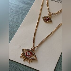 Chloe Accessories Double Pendant Layered Red Evil Eye Bling Gold Tone Necklace